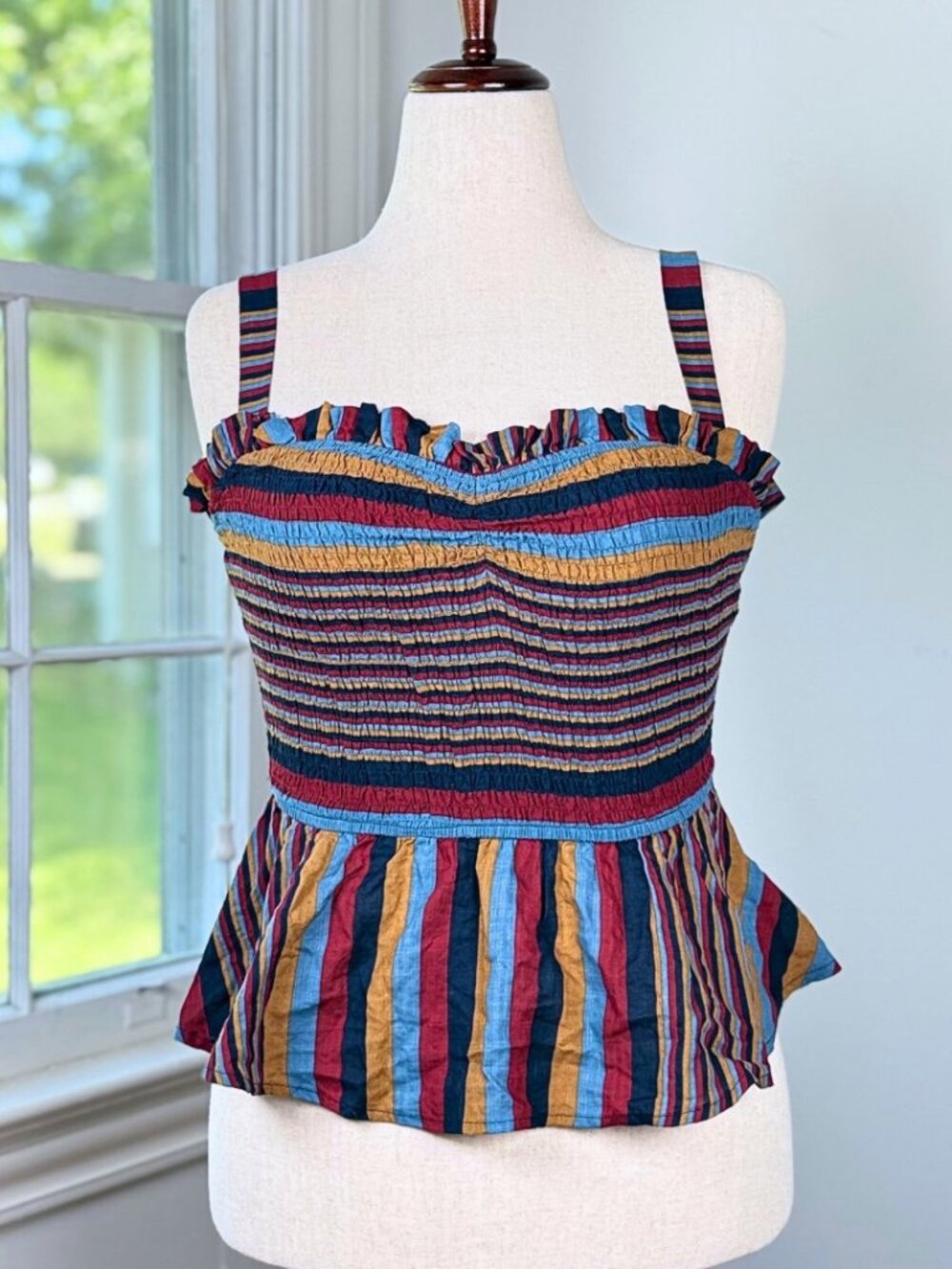 Smocked Peplum Tank Top Multicolor Stripes Large Ruffles Sweetheart Indie Boho